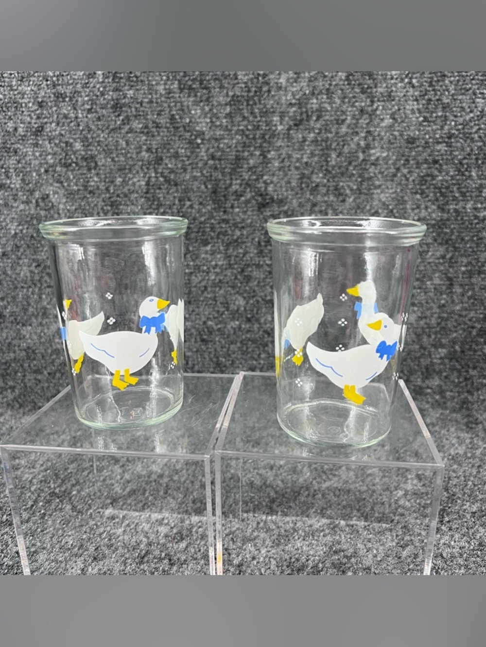 2 Bama Glass Jelly Jar Cup White Country Ducks Geese Blue Bows Juice Vintage 4"